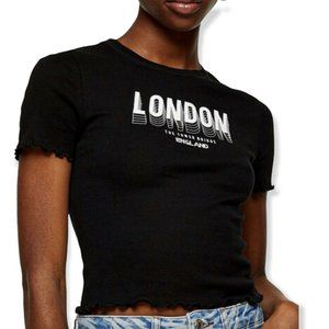 Topshop Women's Size 8 Short Sleeve Crew Neck Lettuce London Print T-Shirt Black